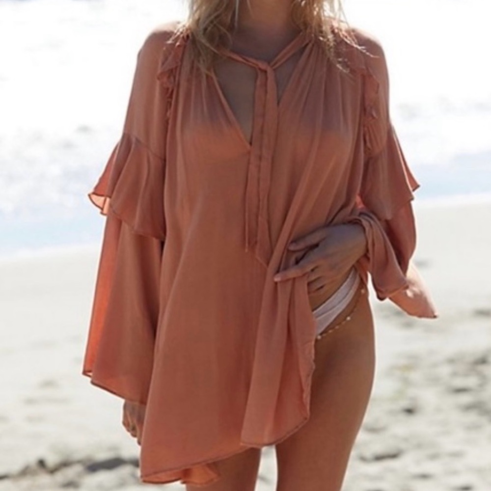 NWOT FREE PEOPLE Oversized Cattleya Tunic Ruffle Bell Sleeves Beach Summer XS